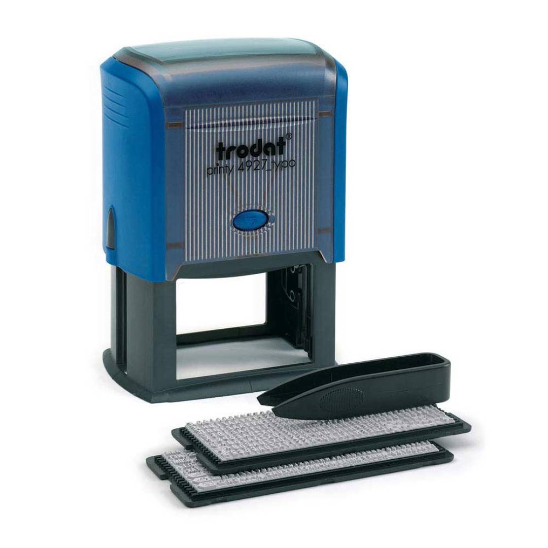 Trodat 4927 Typo mit austauschbaren Buchstaben und Pinzette Frontansicht - blau Trodat 4927 Typo mit austauschbaren Buchstaben und Pinzette Frontansicht - blau