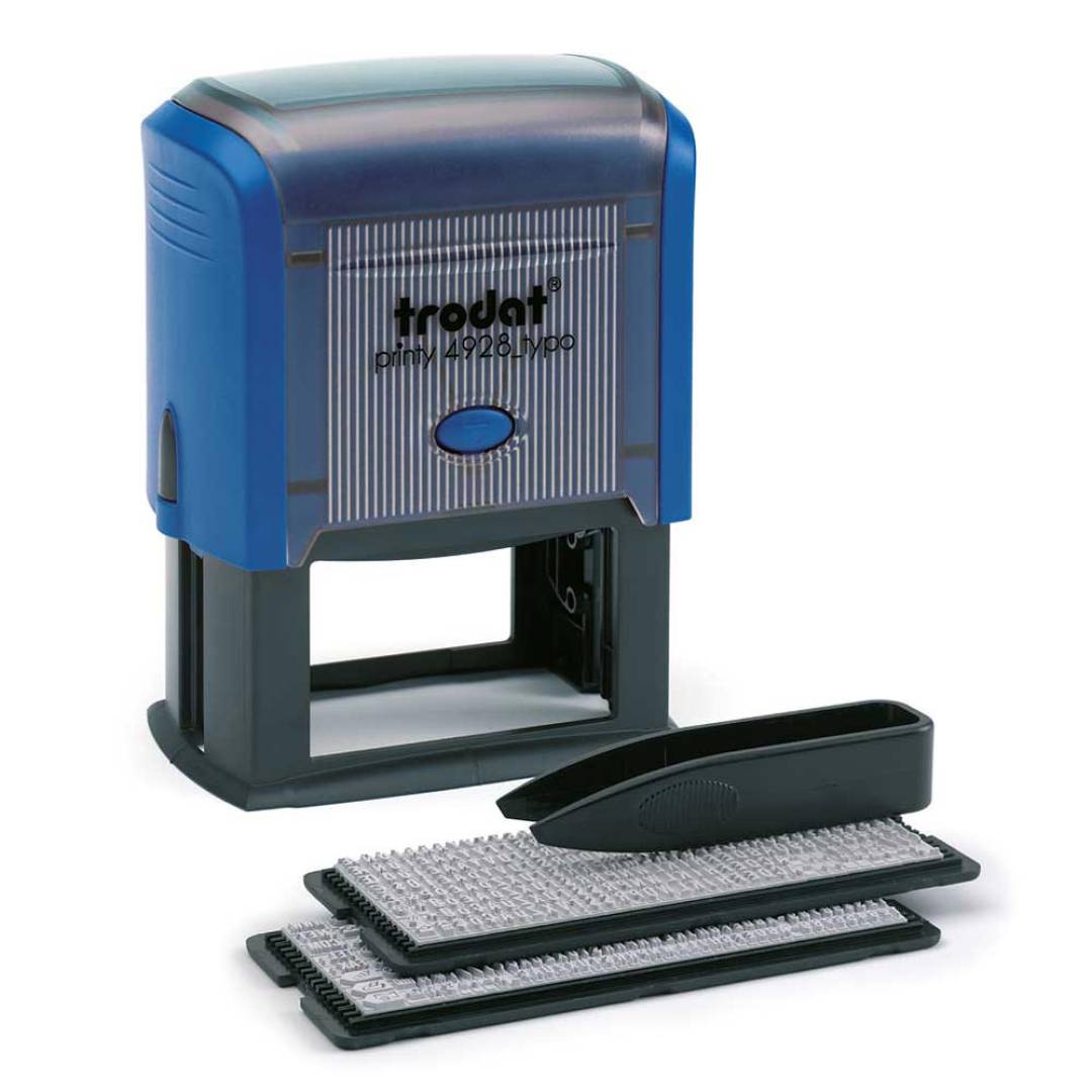 Trodat 4928 Typo mit austauschbaren Buchstaben und Pinzette Frontansicht - blau Trodat 4928 Typo mit austauschbaren Buchstaben und Pinzette Frontansicht - blau